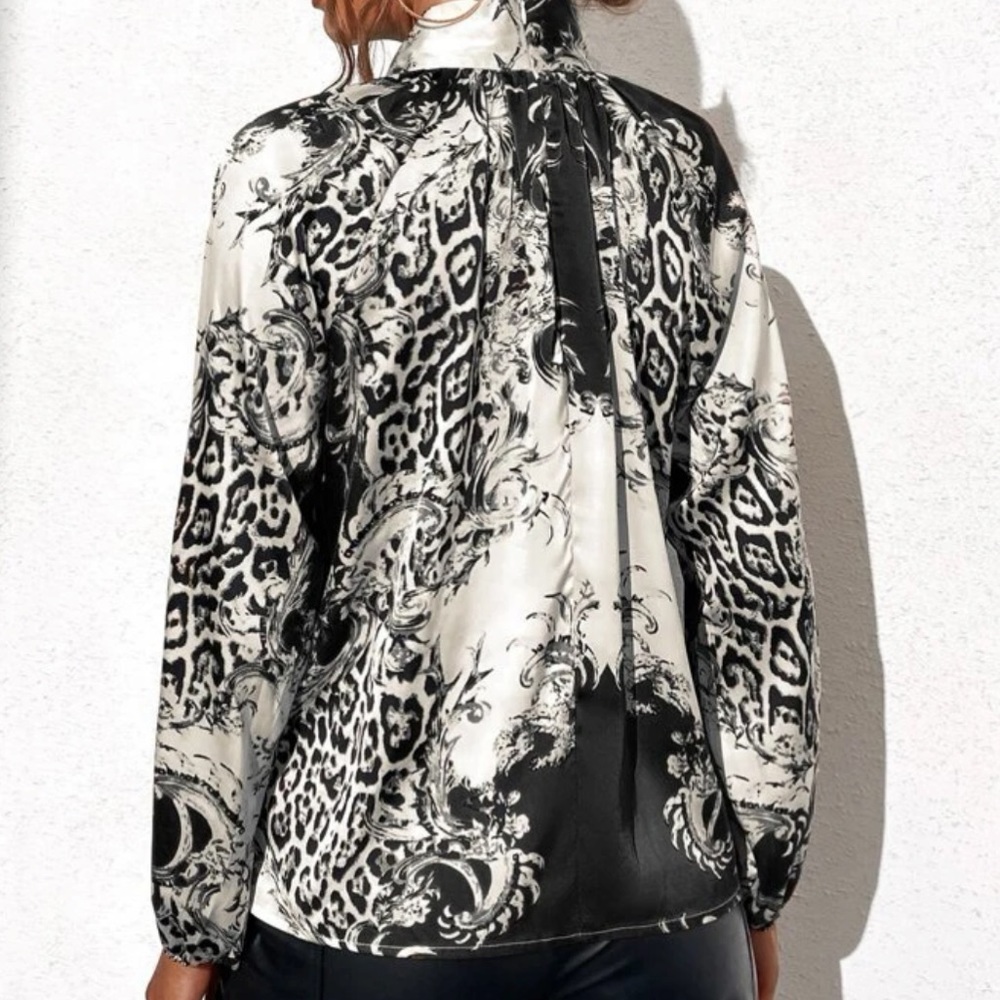 Leopard and Graphic print tie neck blouse - Picture 2 of 5